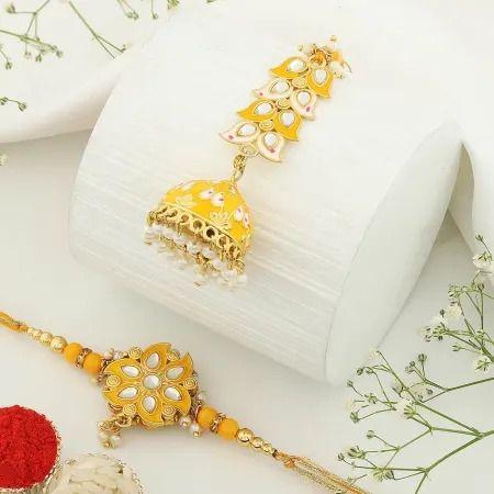 Bhaiya Bhabhi Meena Kundan Yellow Rakhi