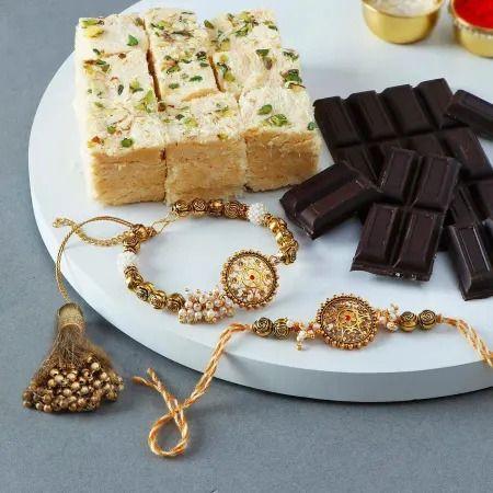 Antique Bhaiya Bhabhi Rakhis With Soan Papdi And Chocolate