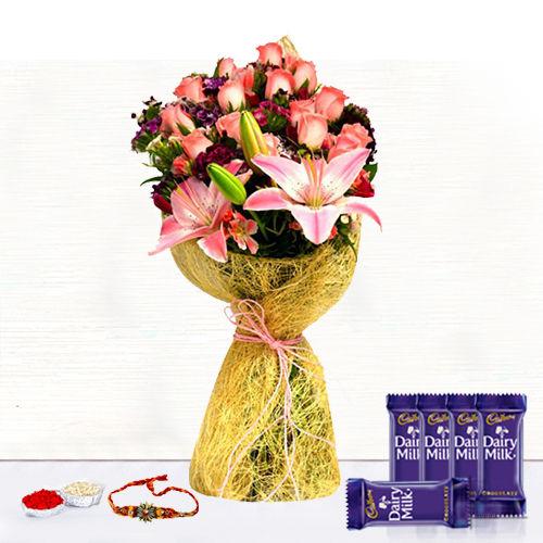 Stylish Rose & Lilies Bunch - Rakhi & Dairy Milk