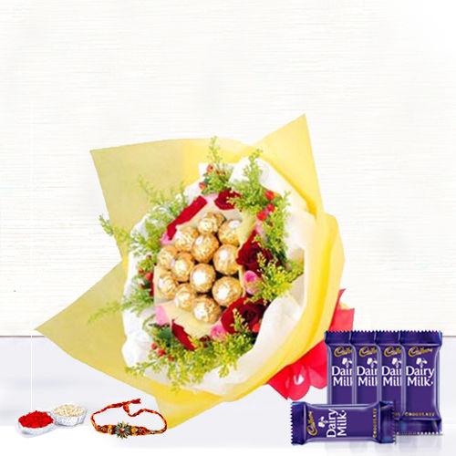 Roses & Ferrero Rocher Bunch - Rakhi & Dairy Milk