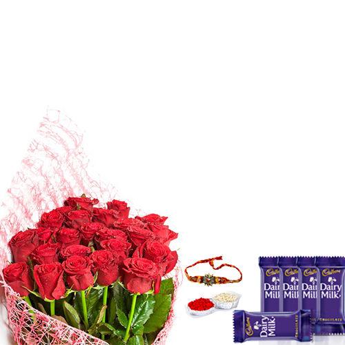 Bunch of Red Roses - Rakhi & Dairy Milk 