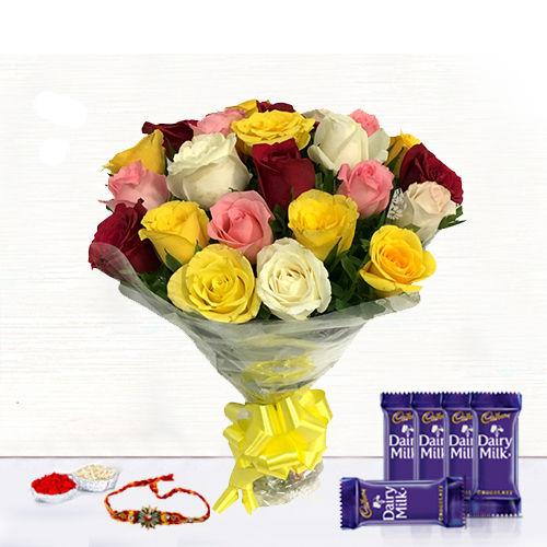 Mixed Roses Bunch - Rakhi & Dairy Milk 