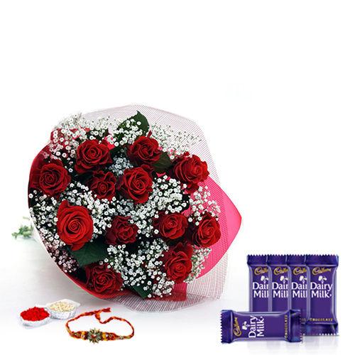 Romantic Rose Bouquet - Rakhi & Dairy Milk 