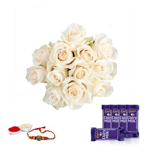 White Roses Bunch - Rakhi & Dairy Milk