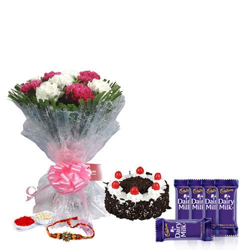 Carnation With Cake - Rakhi & Dairy Milk