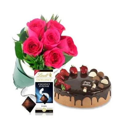 Choco Cake With Pink Roses And Lindt Chocolate