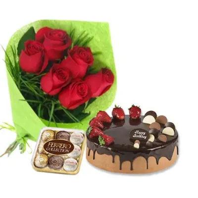 Red Roses With Choco Cake And Ferrero Rocher