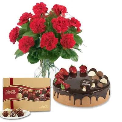 Red Carnations With Choco Cake And Lindt Chocolate