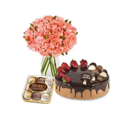 Pink Carnations With Choco Cake And Ferrero Rocher