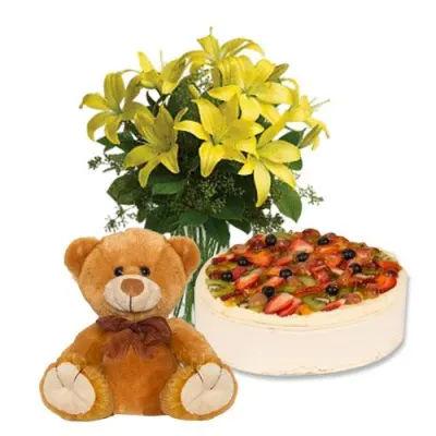 Fruit Cake With Yellow Lilies And Teddy